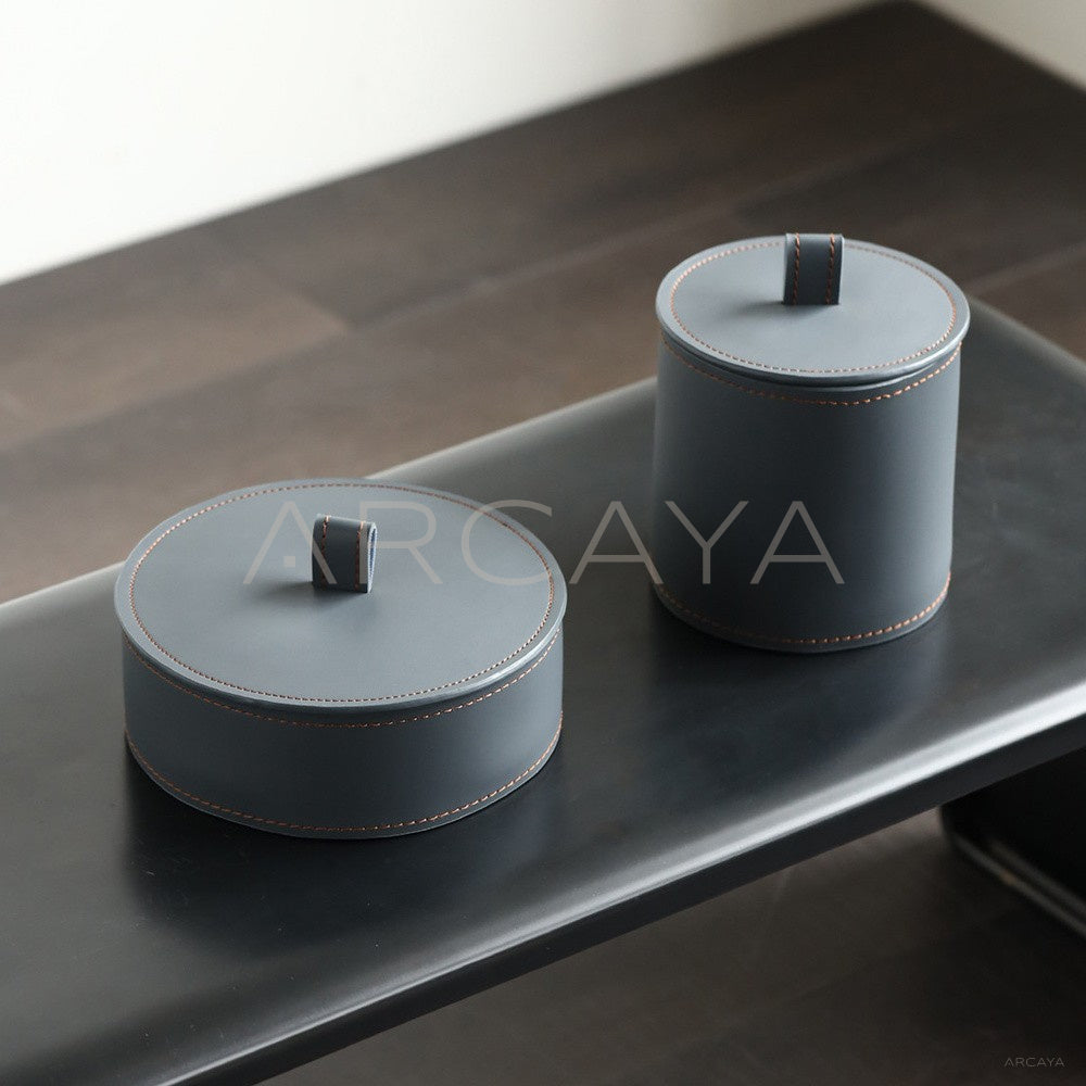 Dark Grey Leather Lidded Storage Jar - main