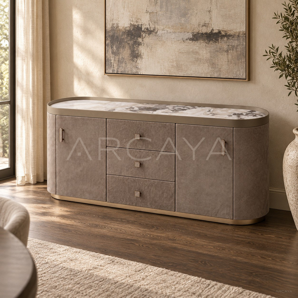 Diamond Velvet Curved Stone Sideboard