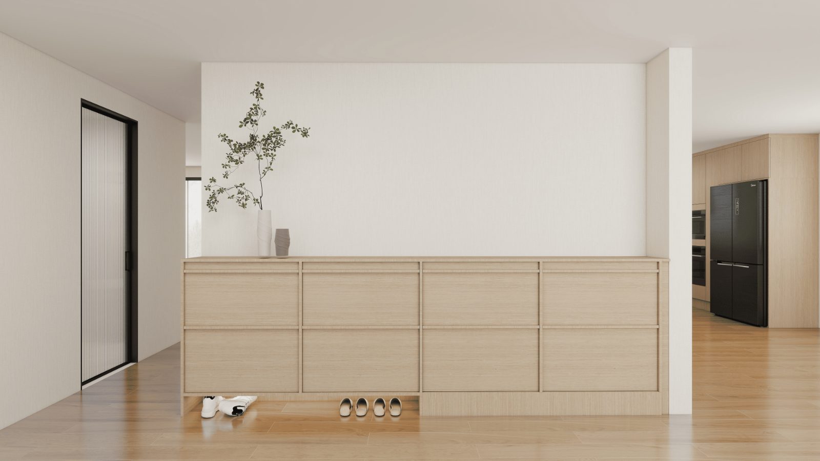 Render of the entry storage run with long drawer fronts and open shoe recess
