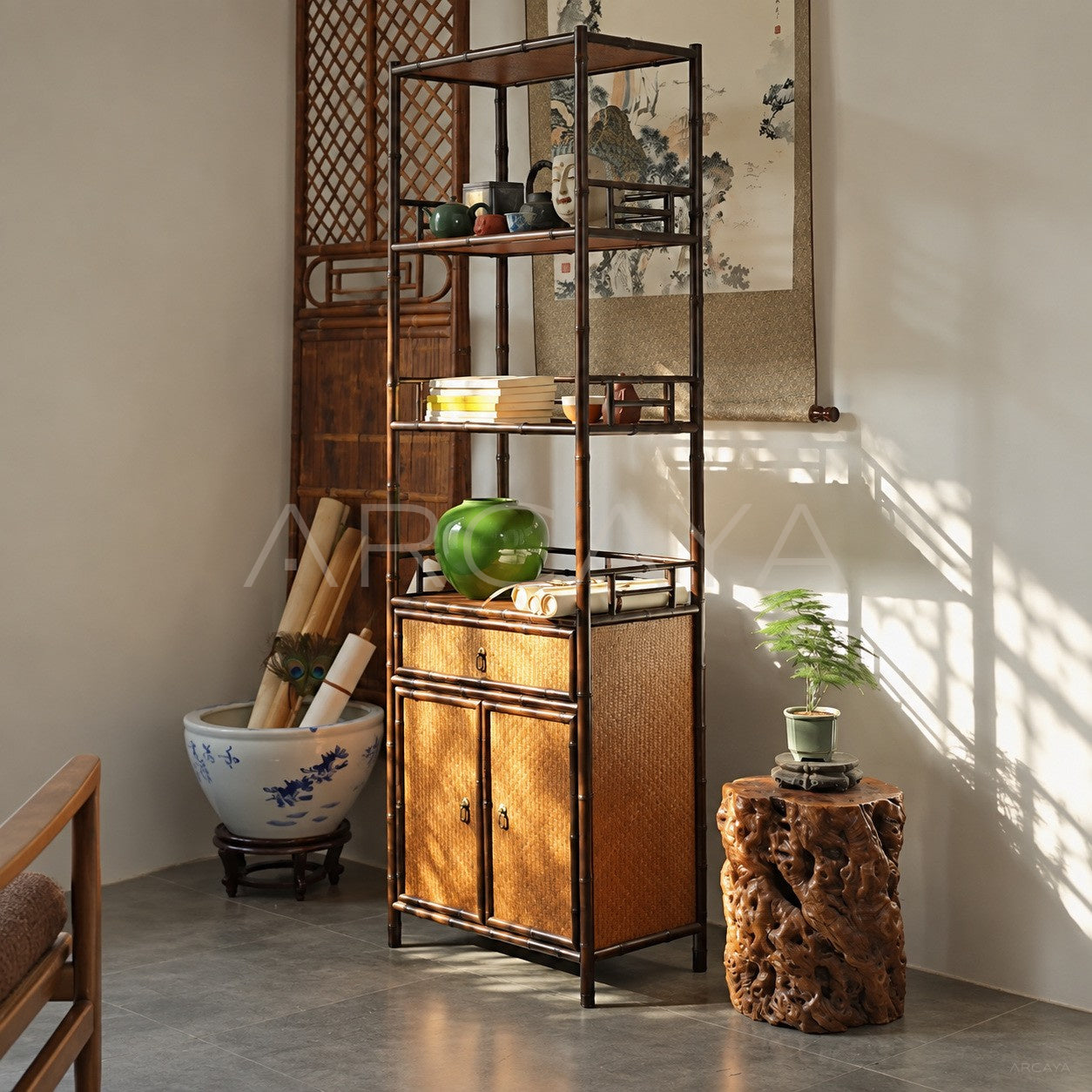 Narrow Bamboo Woven Bookshelf Cabinet