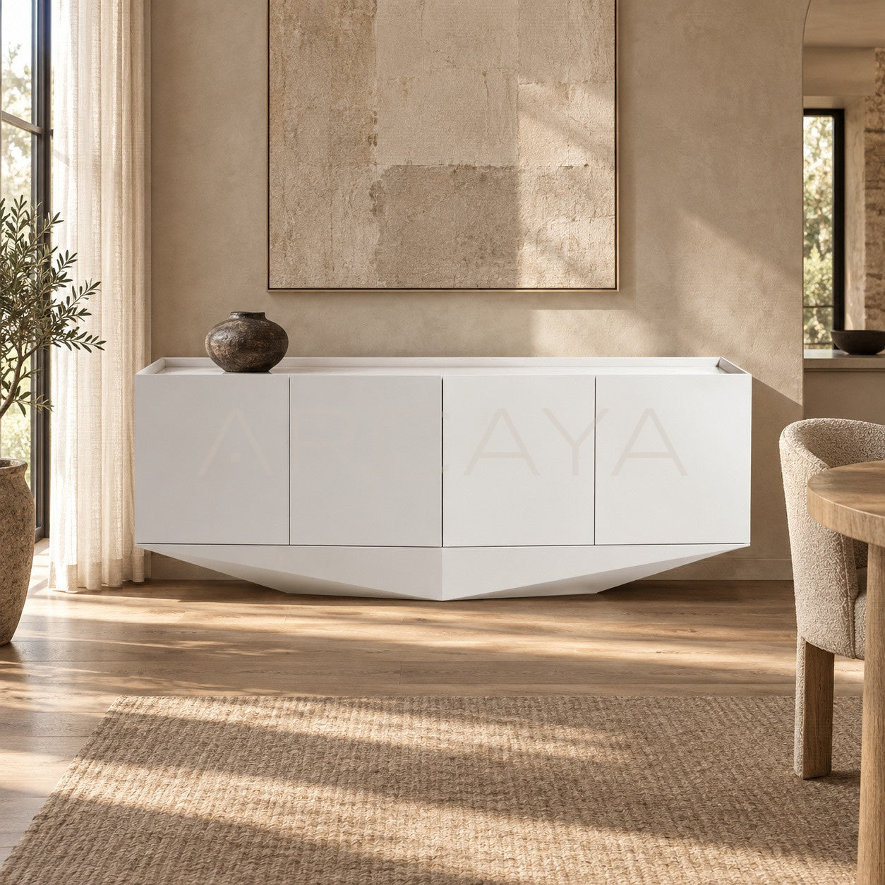 Pure White Matte Pyramid Base Four Door Sideboard - scene