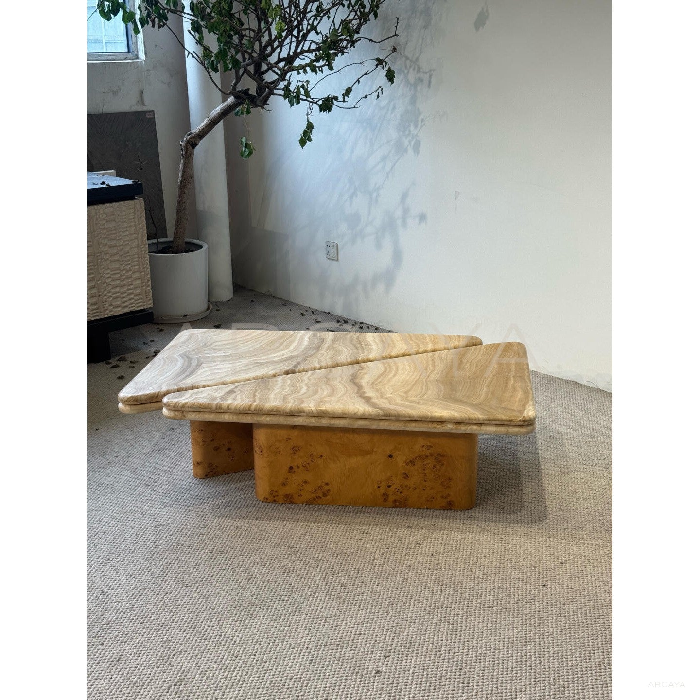 Gia Travertine Poplar Burl Coffee Table - scene
