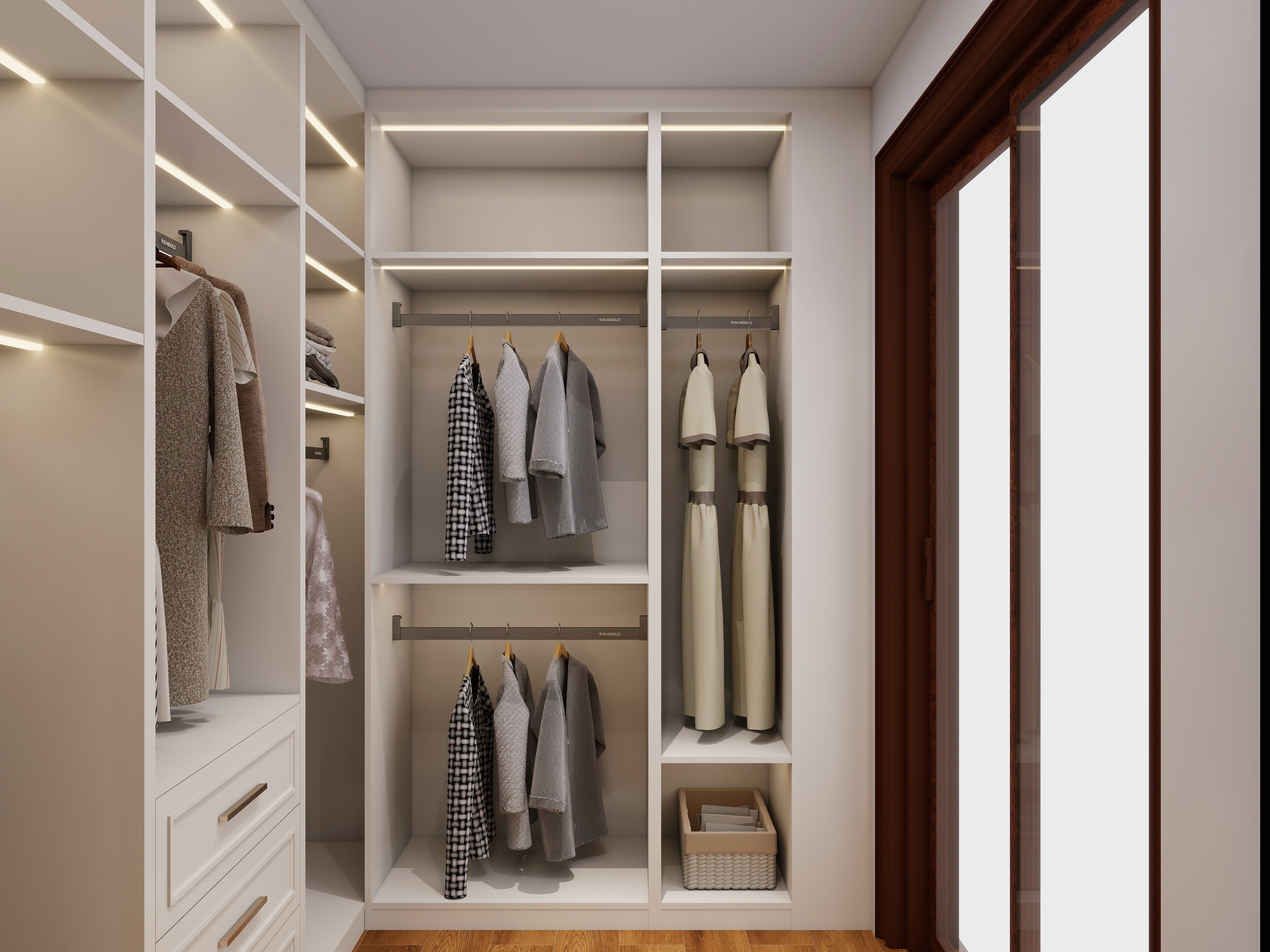 Render of the small closet hanging zones and drawer stack