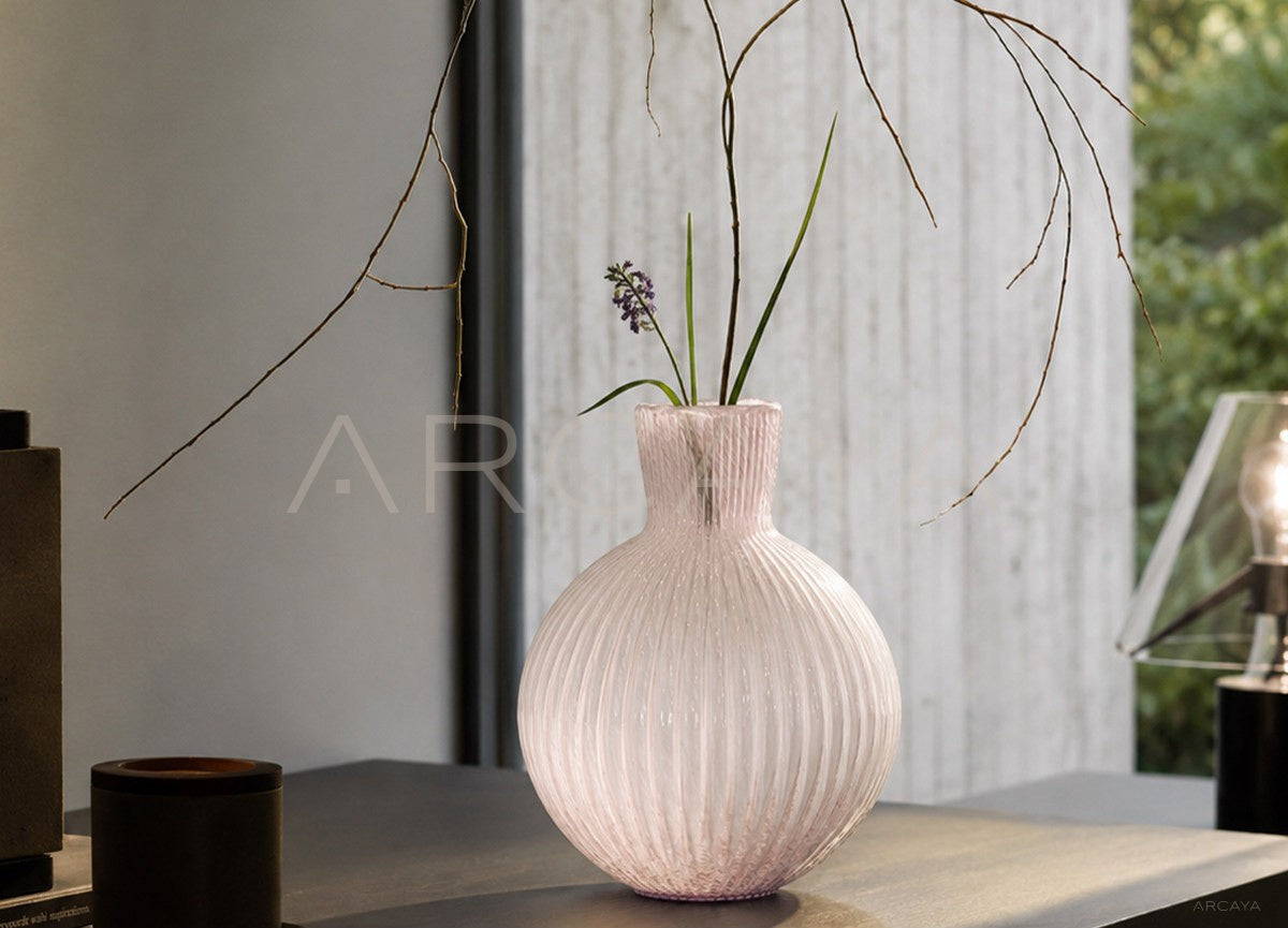 Soft Pink Ribbed Glass Vase - scene