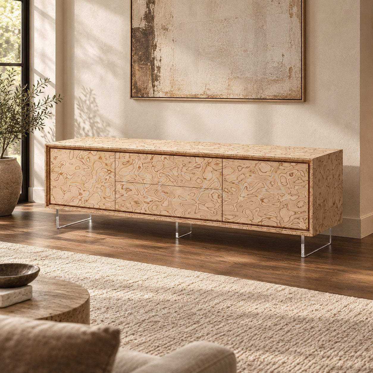 Art Burl Veneer Acrylic Leg Tv Stand