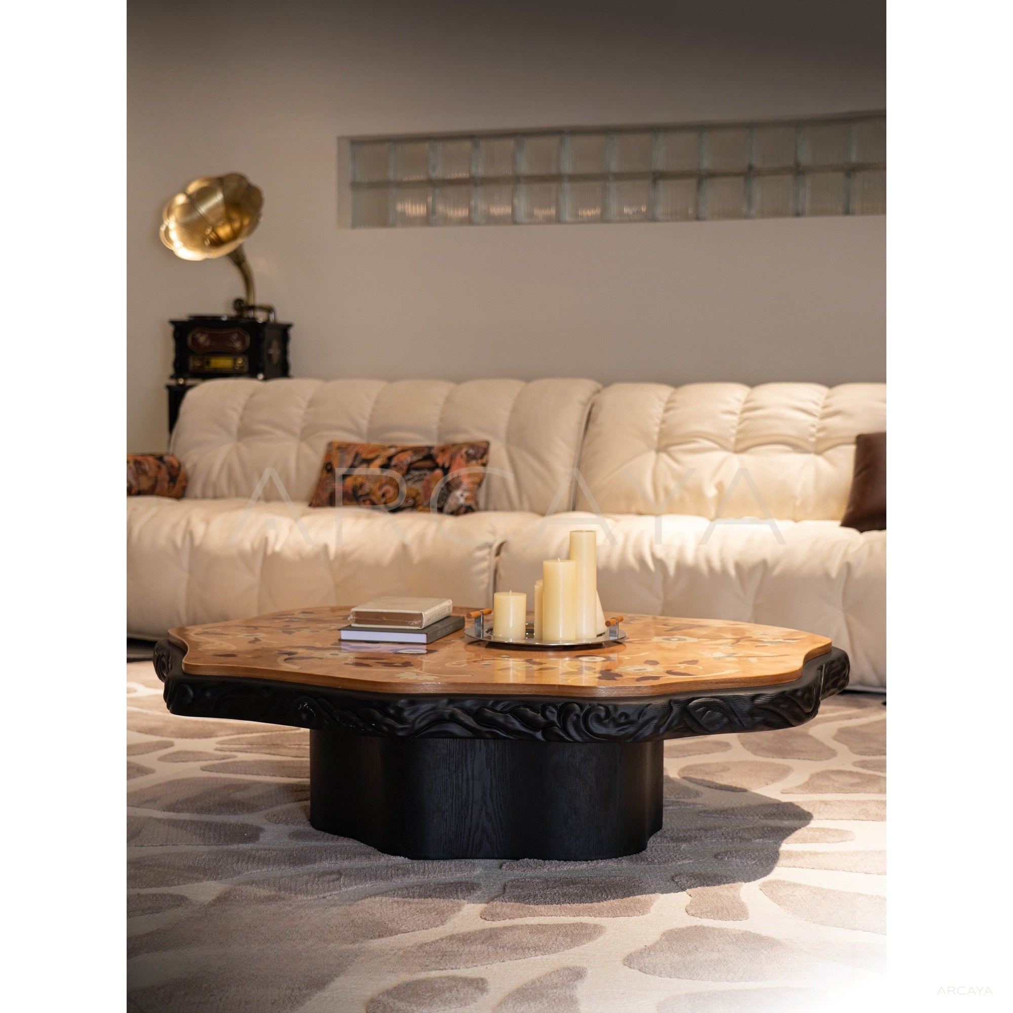 Mother Of Pearl Inlaid Ash Carved Coffee Table