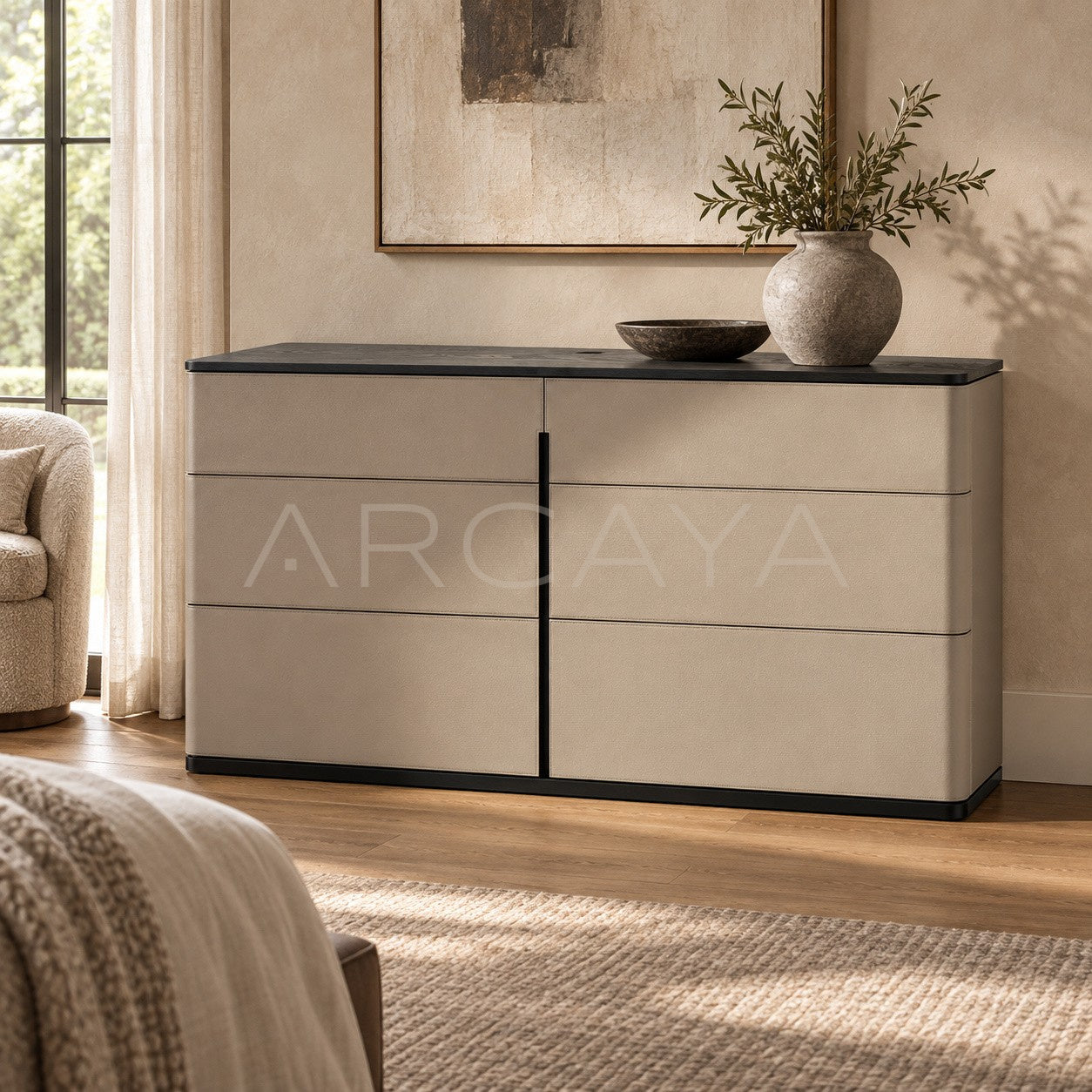 Nappa Leather Vertical Seam Minimalist Sideboard