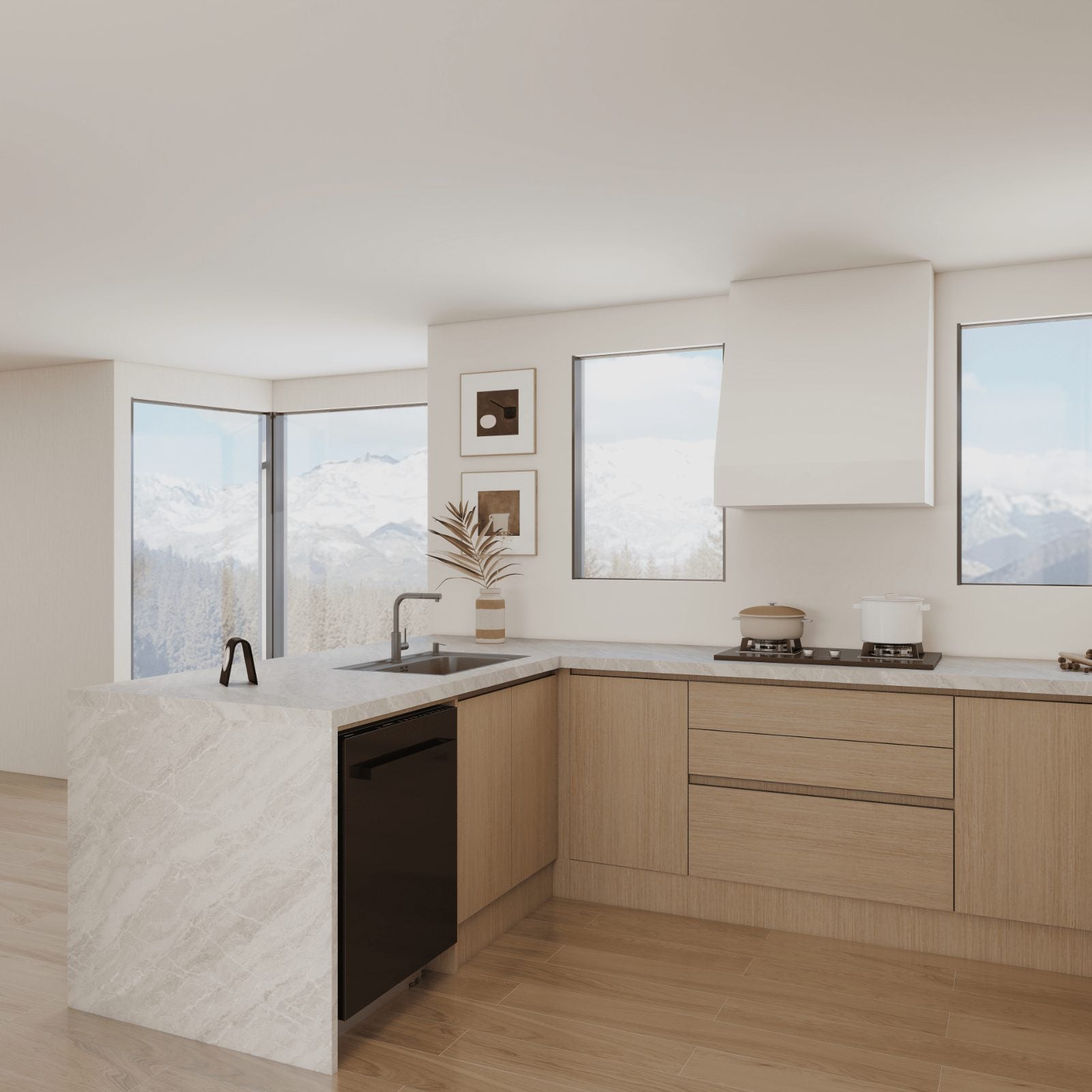 Render of the sink run and stone waterfall peninsula seen from the living area