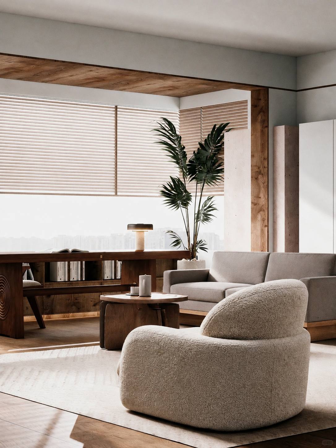 Reading nook with plant and bookshelf