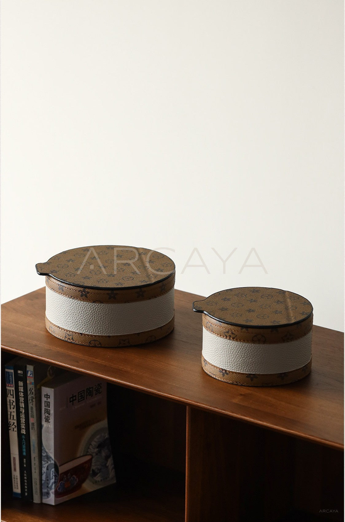Vintage Two Tone Leather Round Storage Box - scene