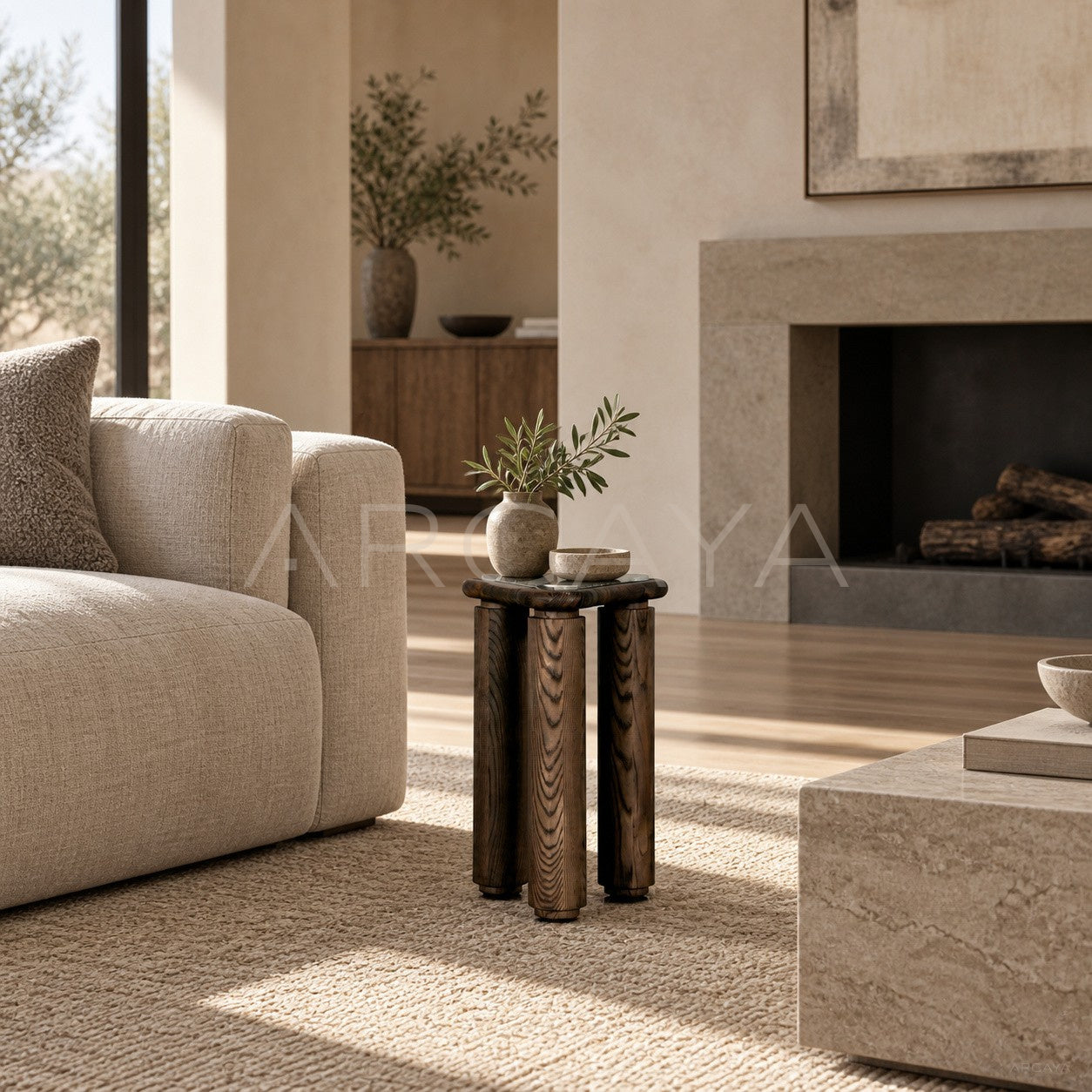 Triangular Solid Wood Marble Side Table