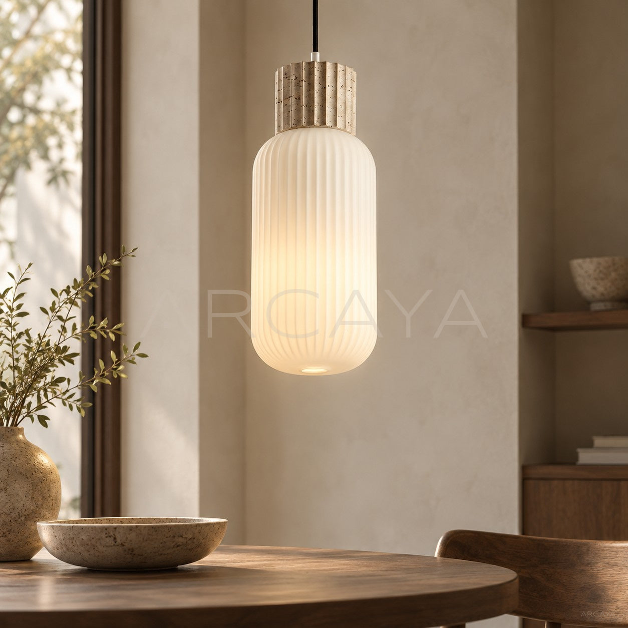 Travertine Ribbed Cylinder Pendant Light 95191