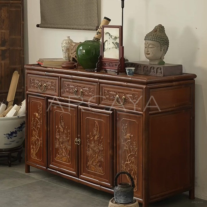 Gold Painted Flower Bird Four Door Sideboard