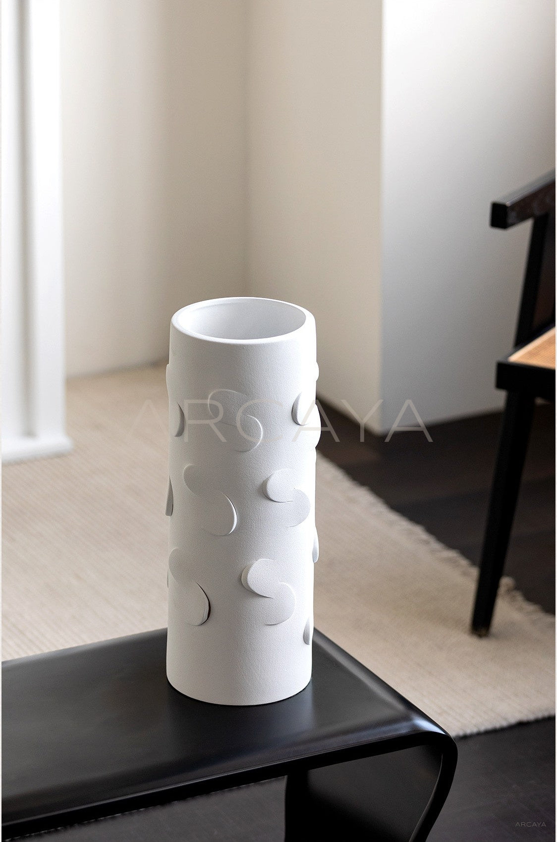 Vintage Black White Relief Cylinder Ceramic Vase - scene