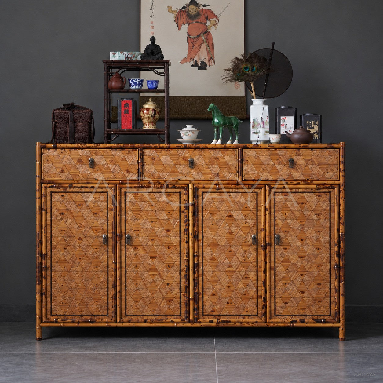 Four Door Triangle Marquetry Bamboo Sideboard