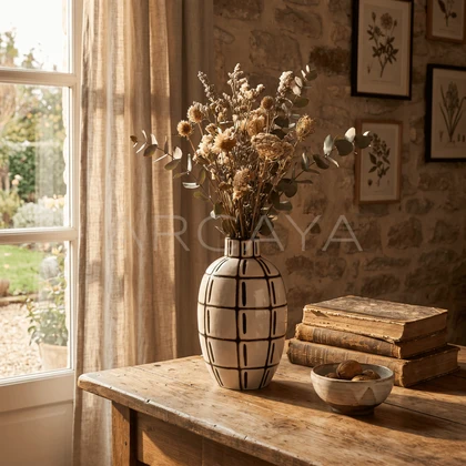 Ivory Grid Ceramic Vase — styled interior view 2