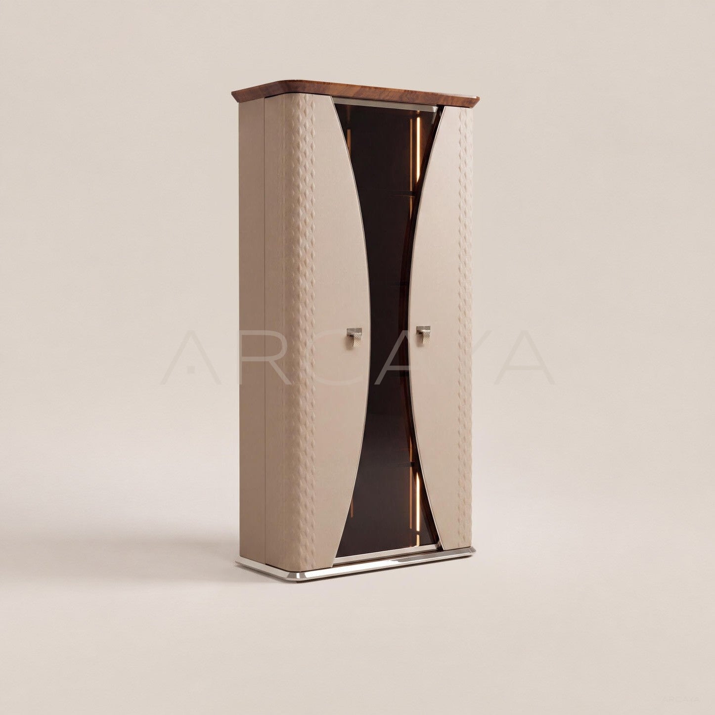 Italian Leather Curved Glass Display Cabinet