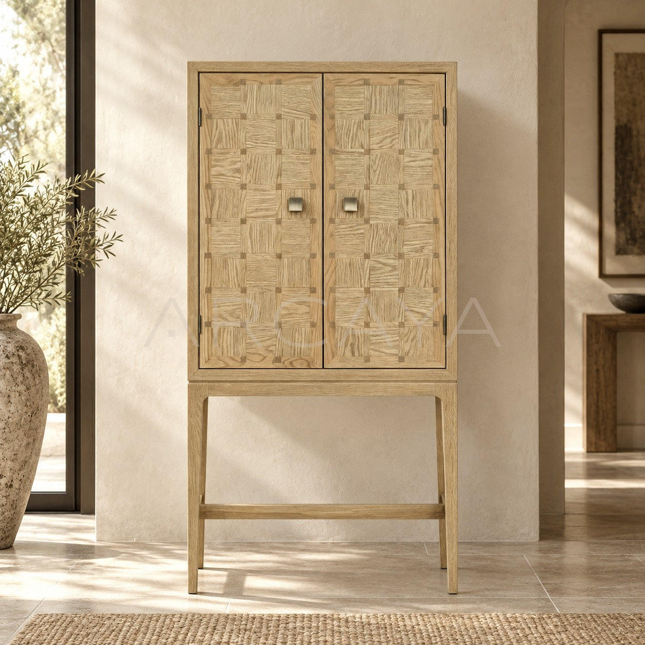 Oak Checkerboard Marquetry Highboy — Storage