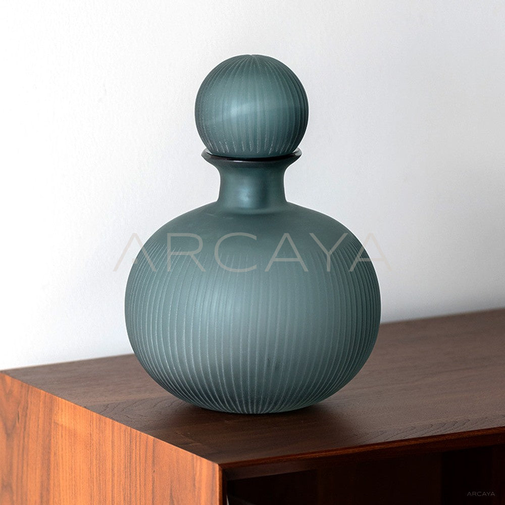 Vintage Mist Blue Ribbed Frosted Glass Vase - main