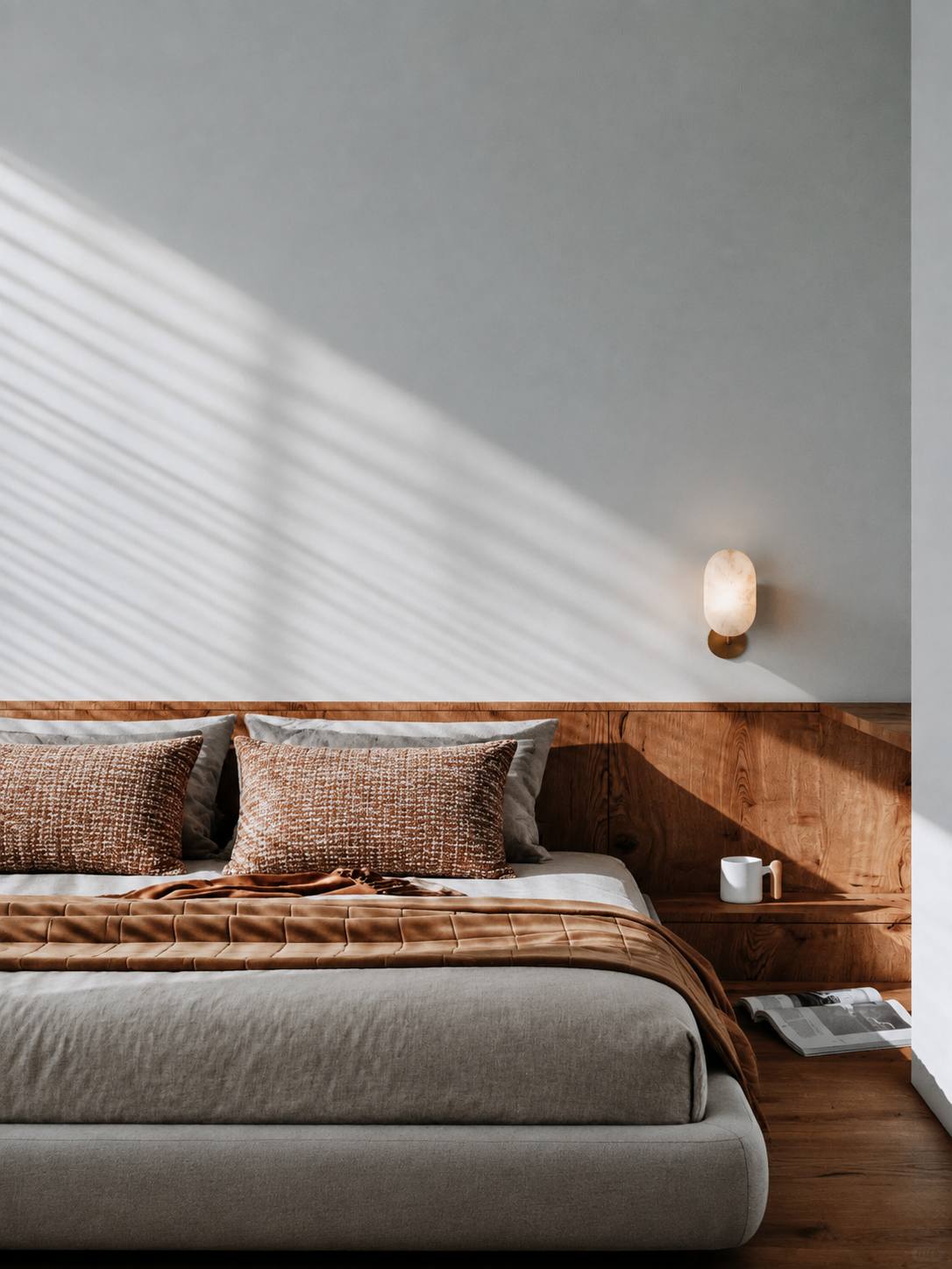 Bedroom headboard detail with warm textiles