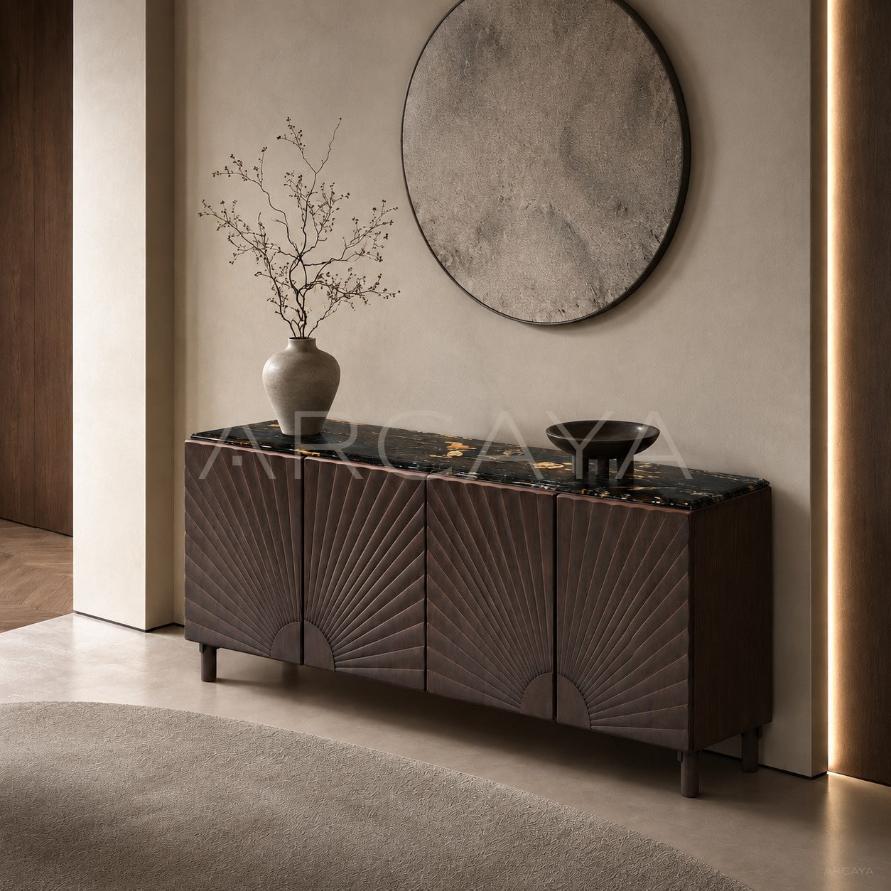 Daze Cosmic Gold Stone Walnut Console Cabinet