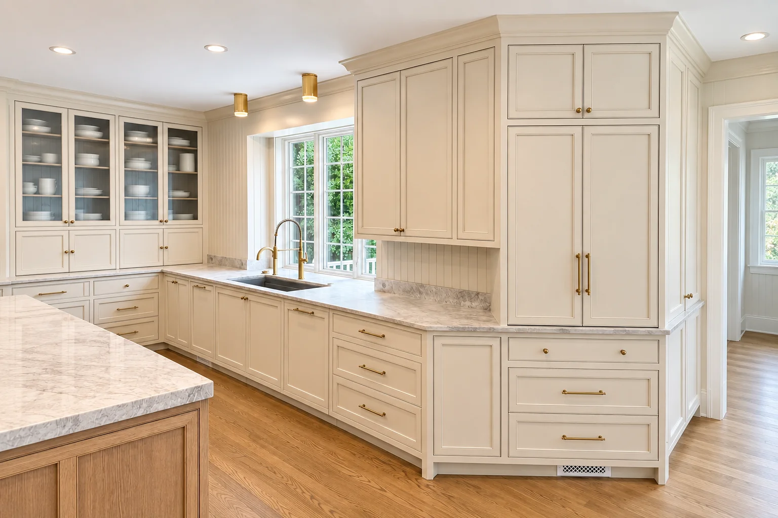 Custom cream Shaker kitchen cabinetry with brass hardware and marble countertops