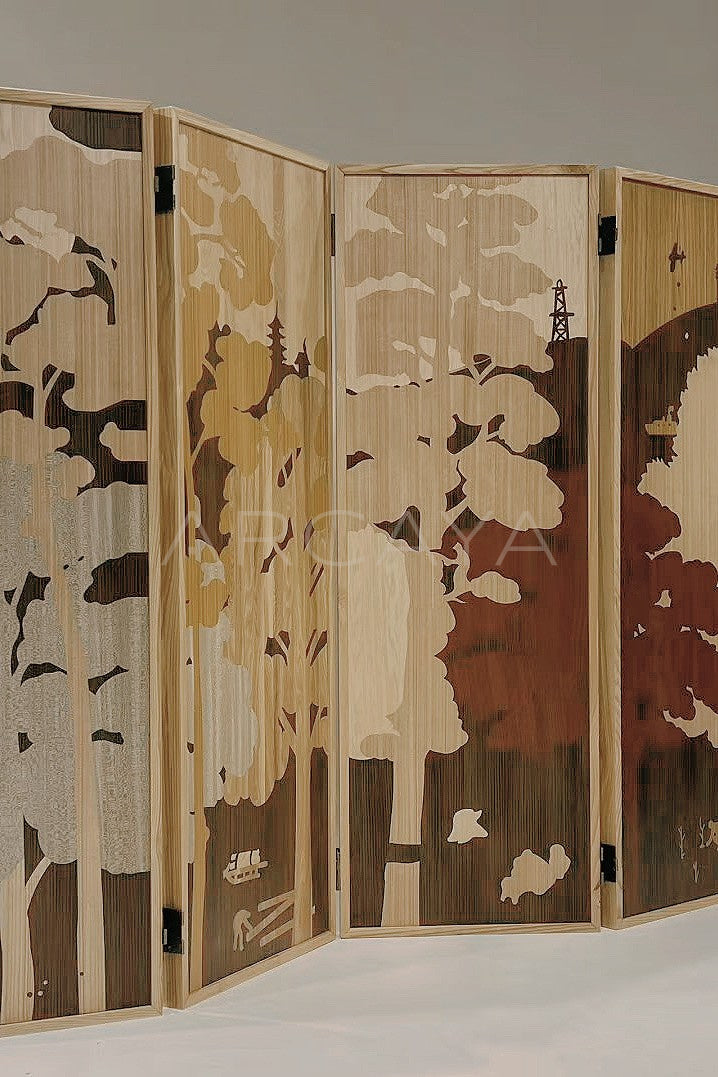 Rice Husk Marquetry Folding Screen - scene