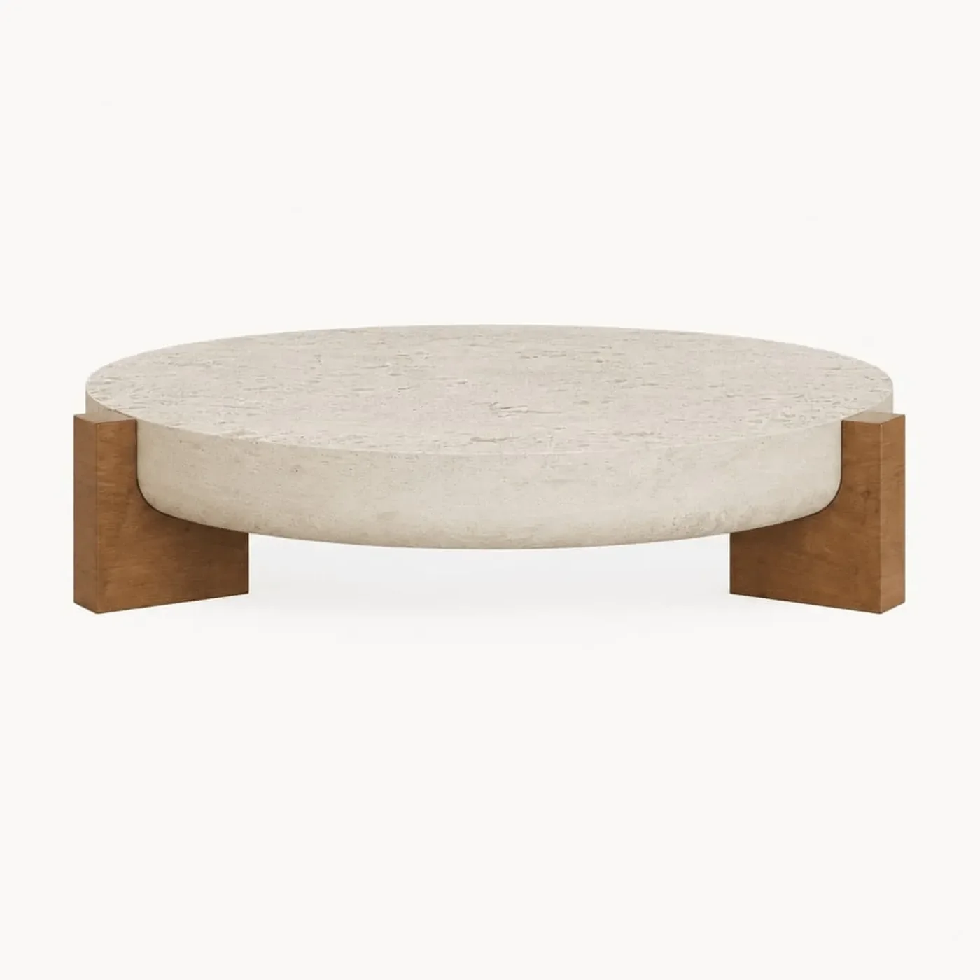 Round Travertine Coffee Table Wood Base