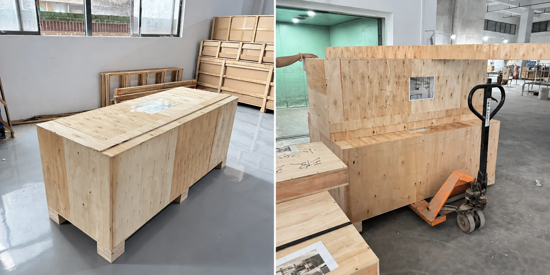 Custom wooden export crates prepared for international shipping