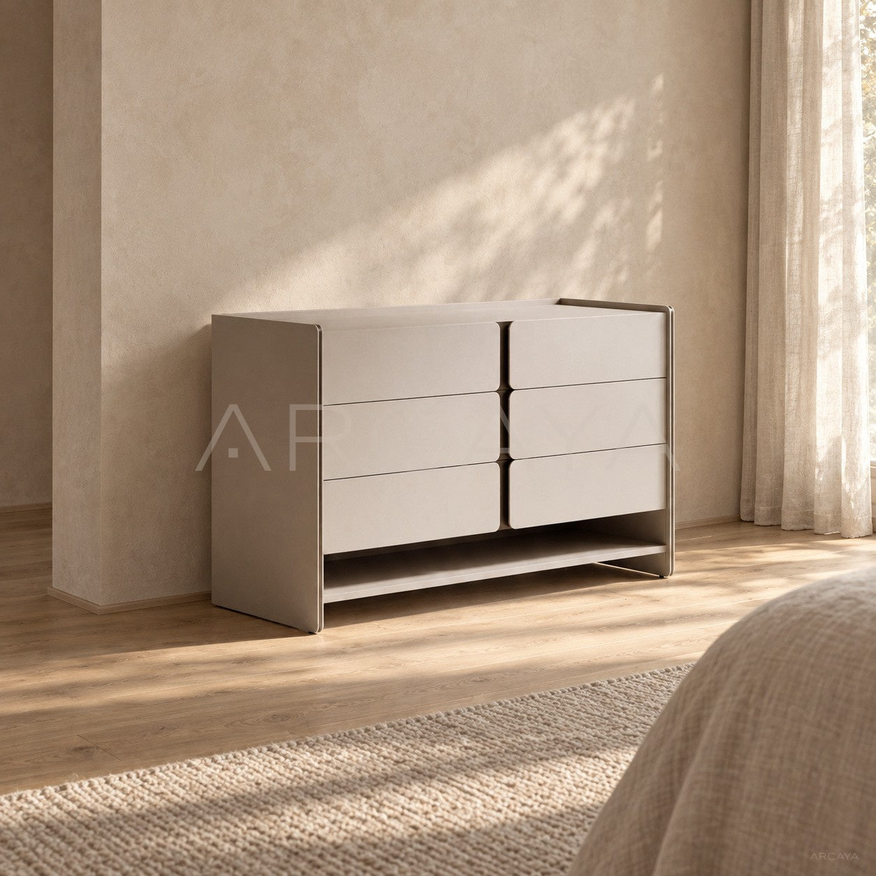 Cream Handleless Six Drawer Open Chest - scene