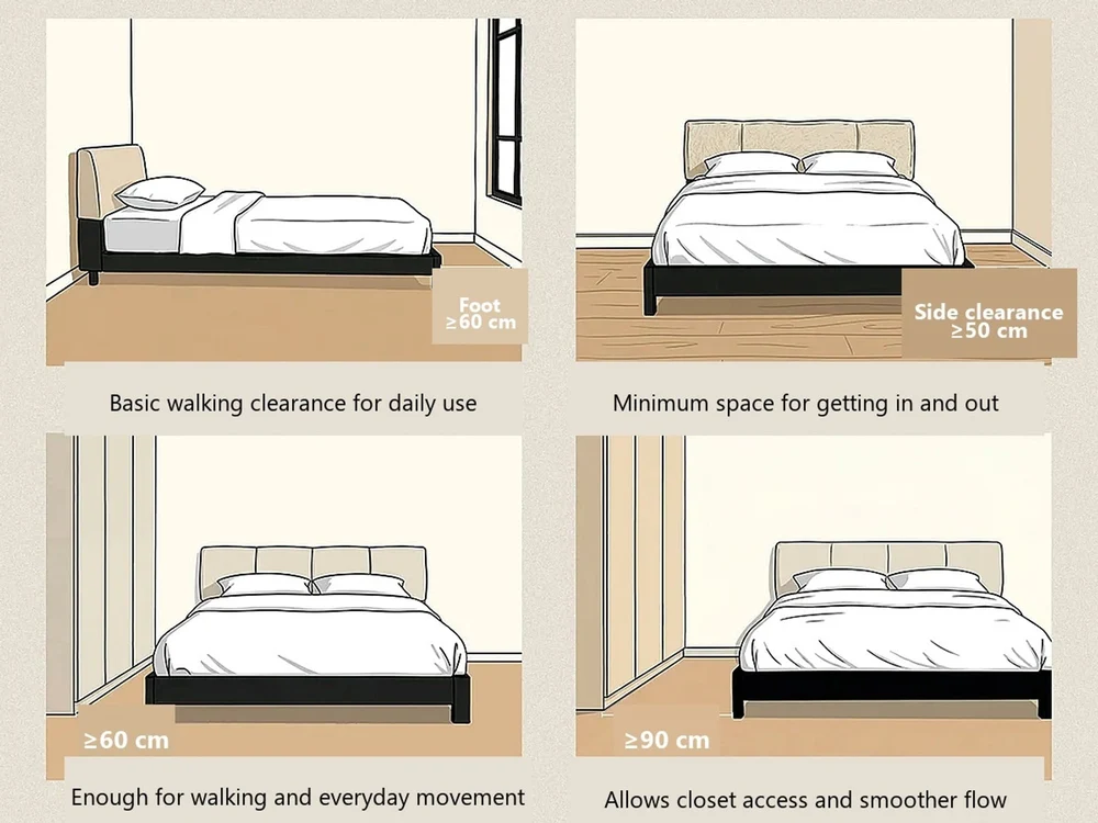 Bed placement guide showing clearance measurements around a bed