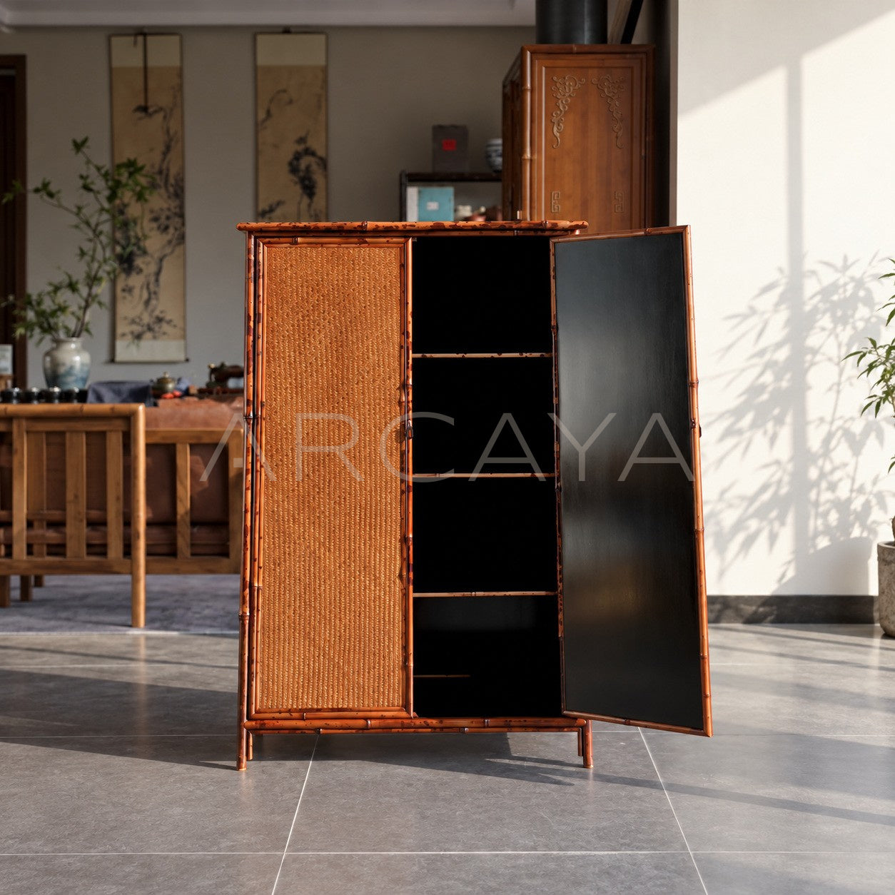 Bamboo Woven Double Door Tall Cabinet