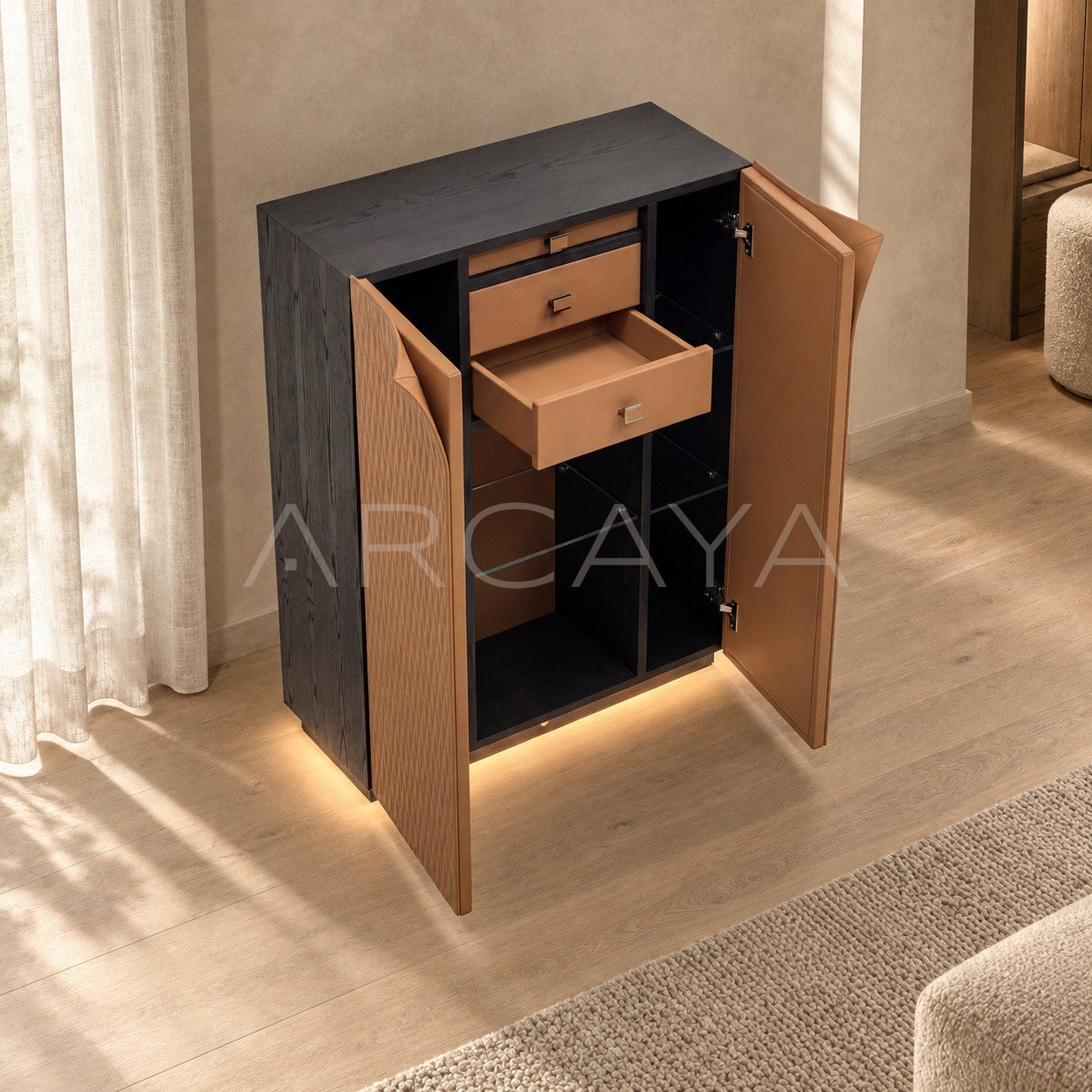 Italian Leather Double Door Wine Cabinet