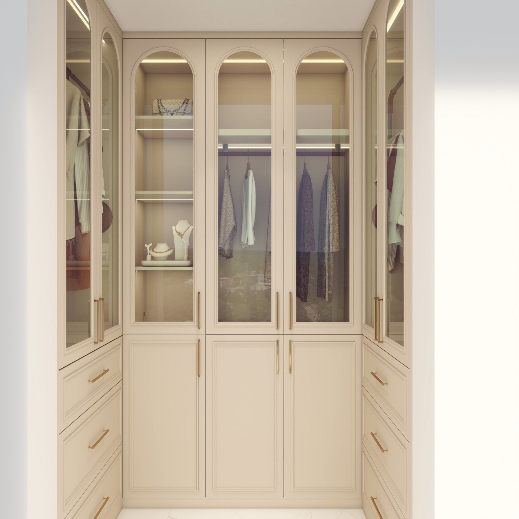 Render of the fitted wardrobe with arched glazed doors and brass handles