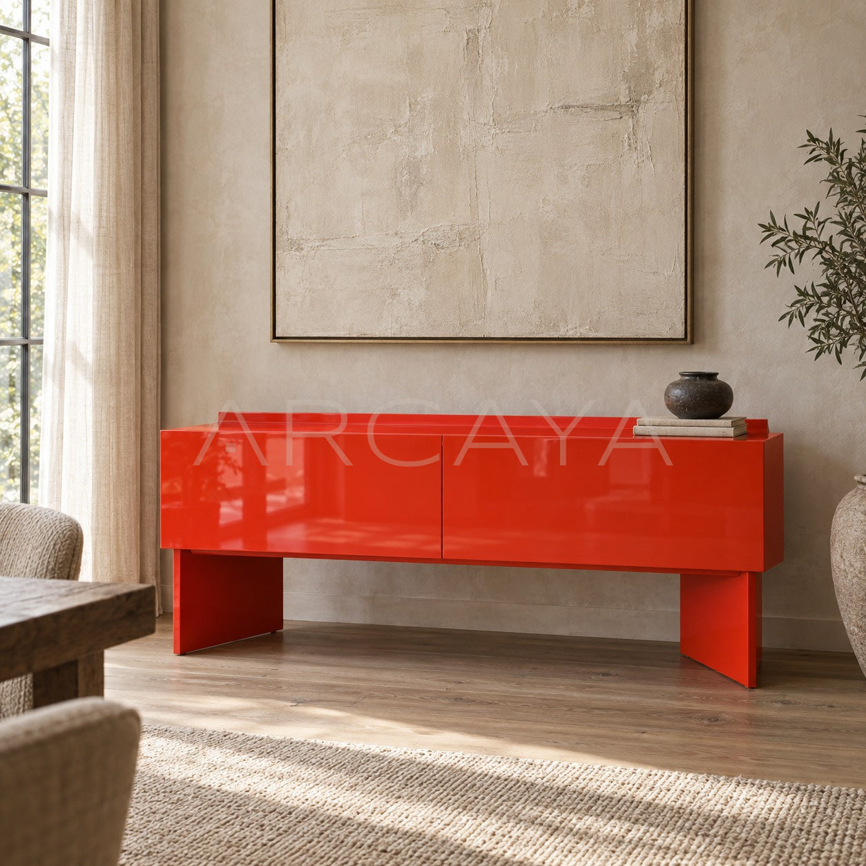 Chinese Red Lacquer Japanese Minimalist Sideboard