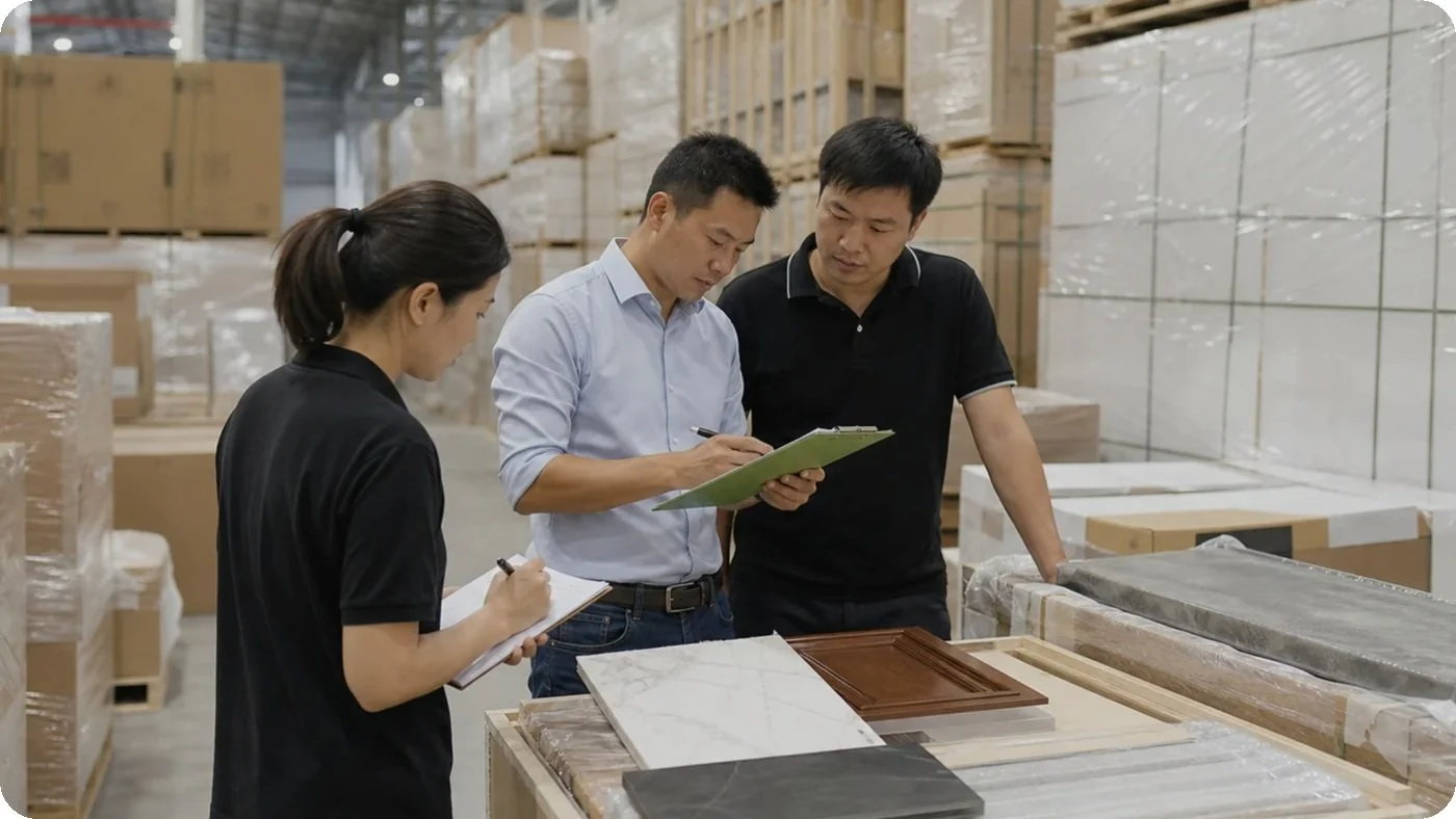 FoshanBuild team reviewing products in a warehouse