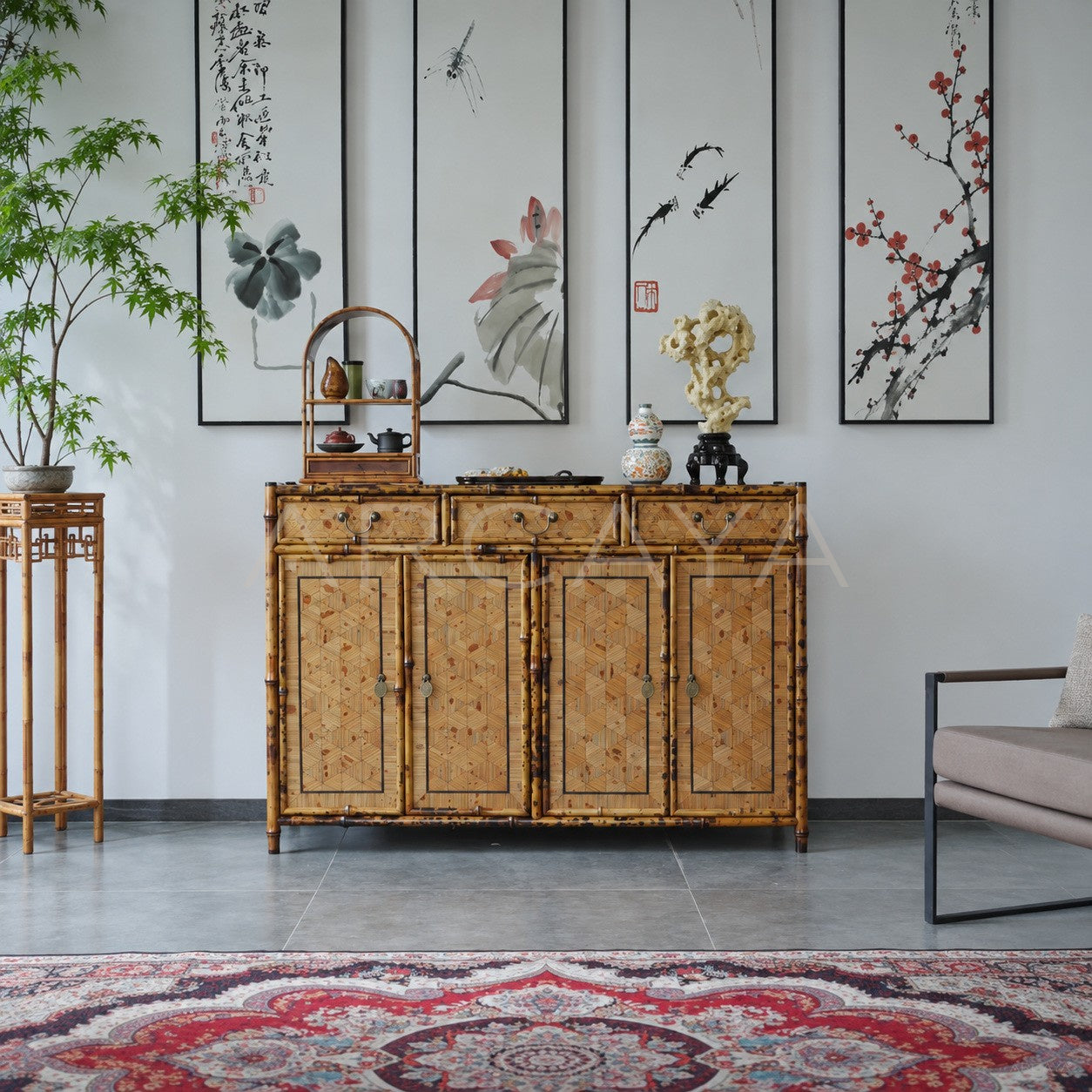 Four Door Cube Pattern Bamboo Sideboard - main