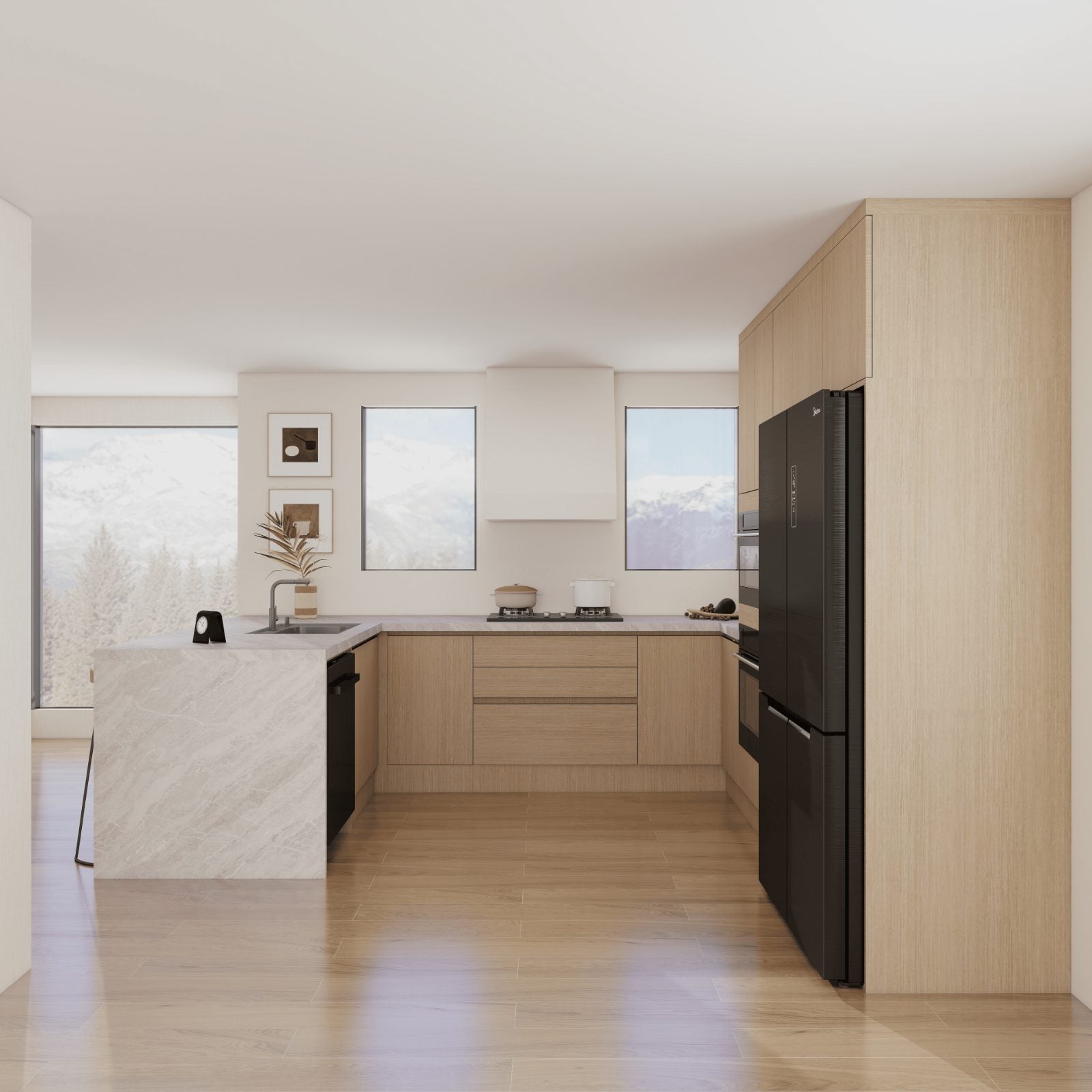 Render of the U-shaped kitchen with stone peninsula, oak base cabinets and full-height pantry wall