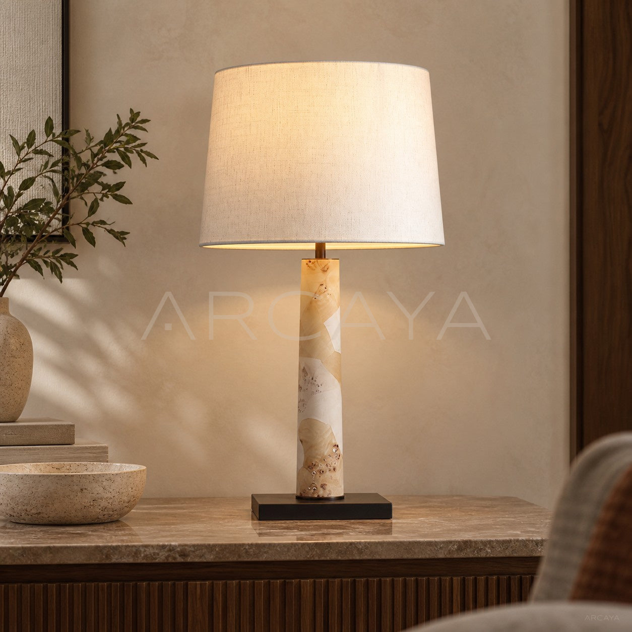 Travertine Column Fabric Shade Table Lamp 95335