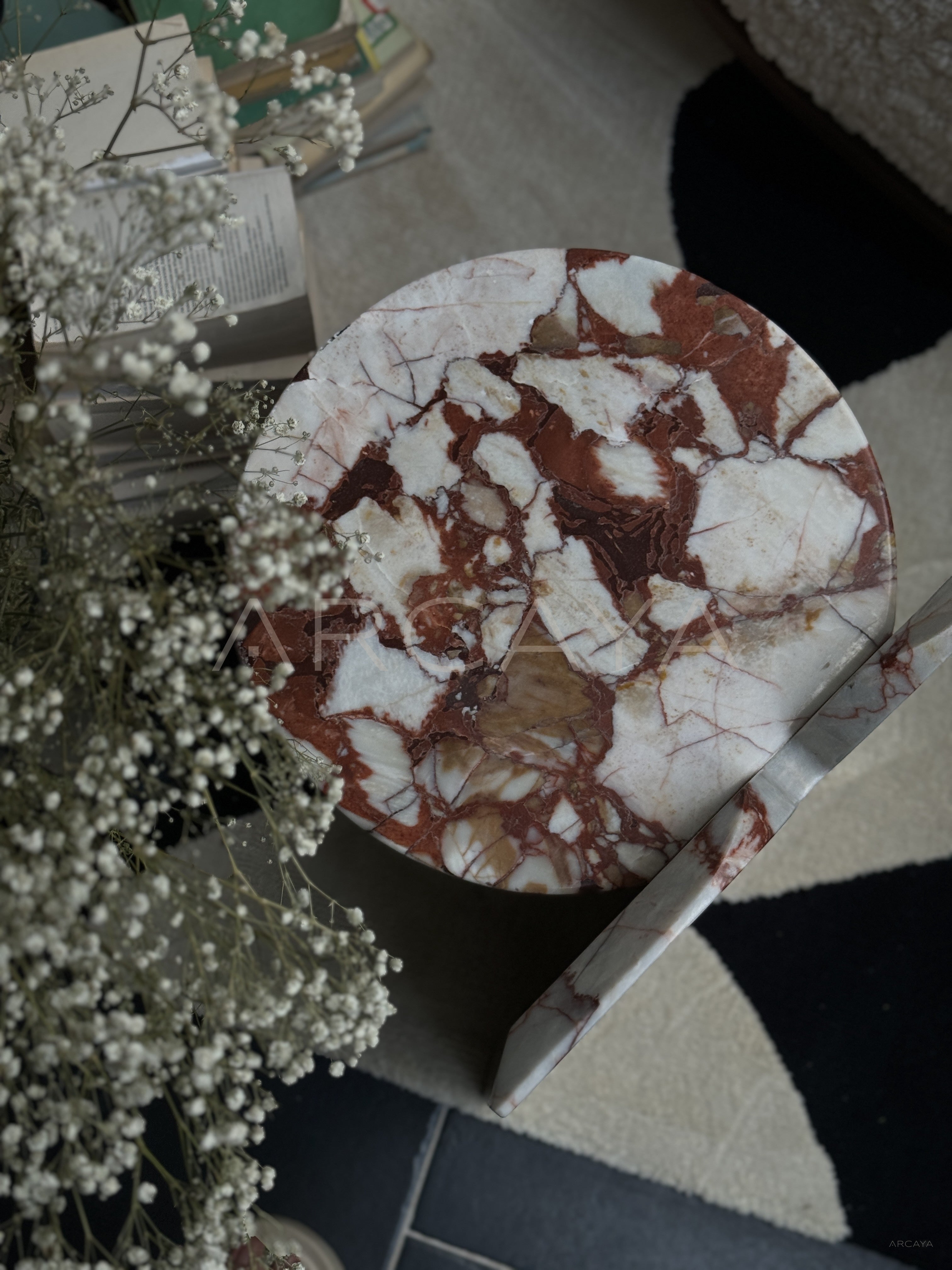Red Veined Marble Geometric Side Table - scene