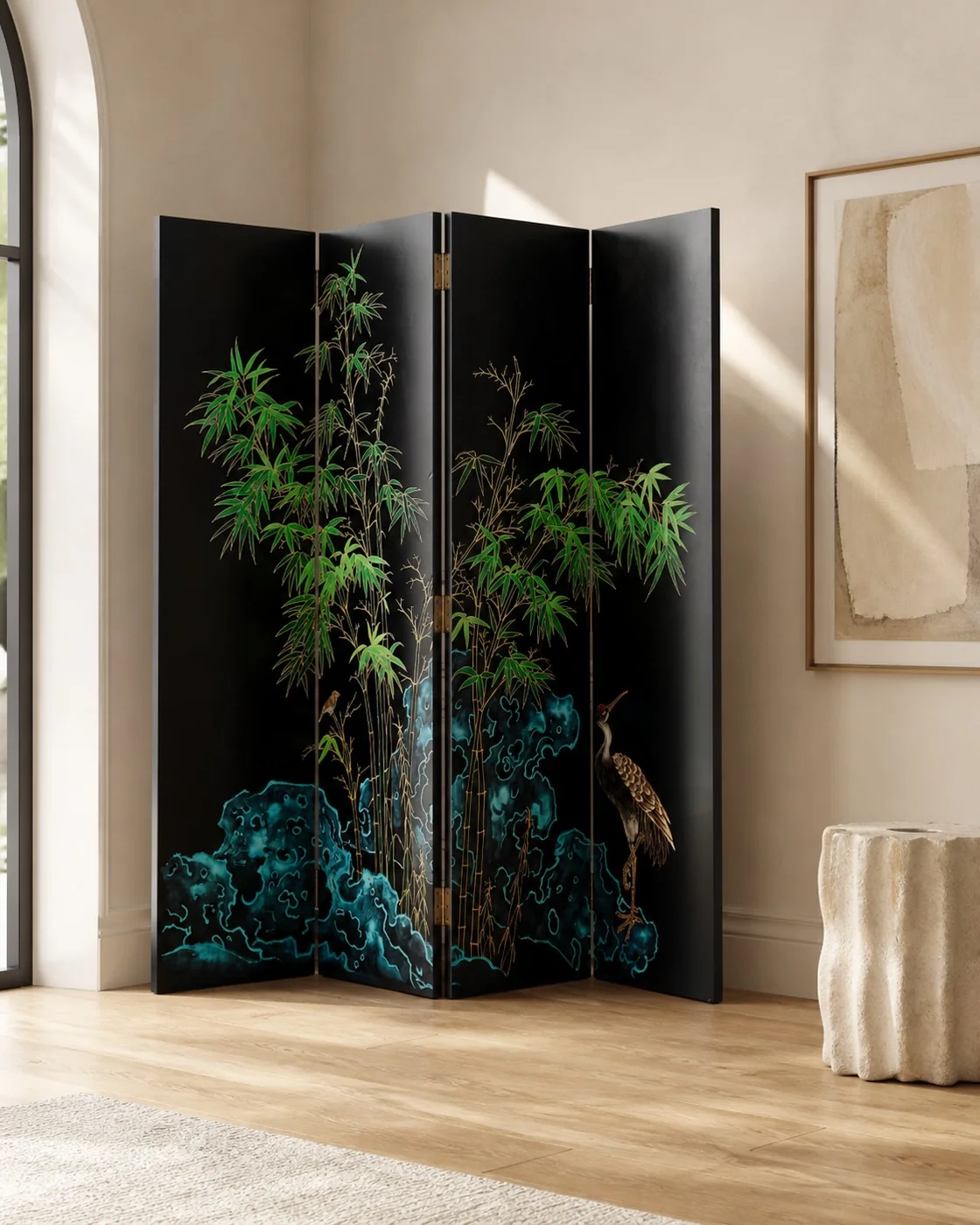Bairia Painted Screen in a finished interior.