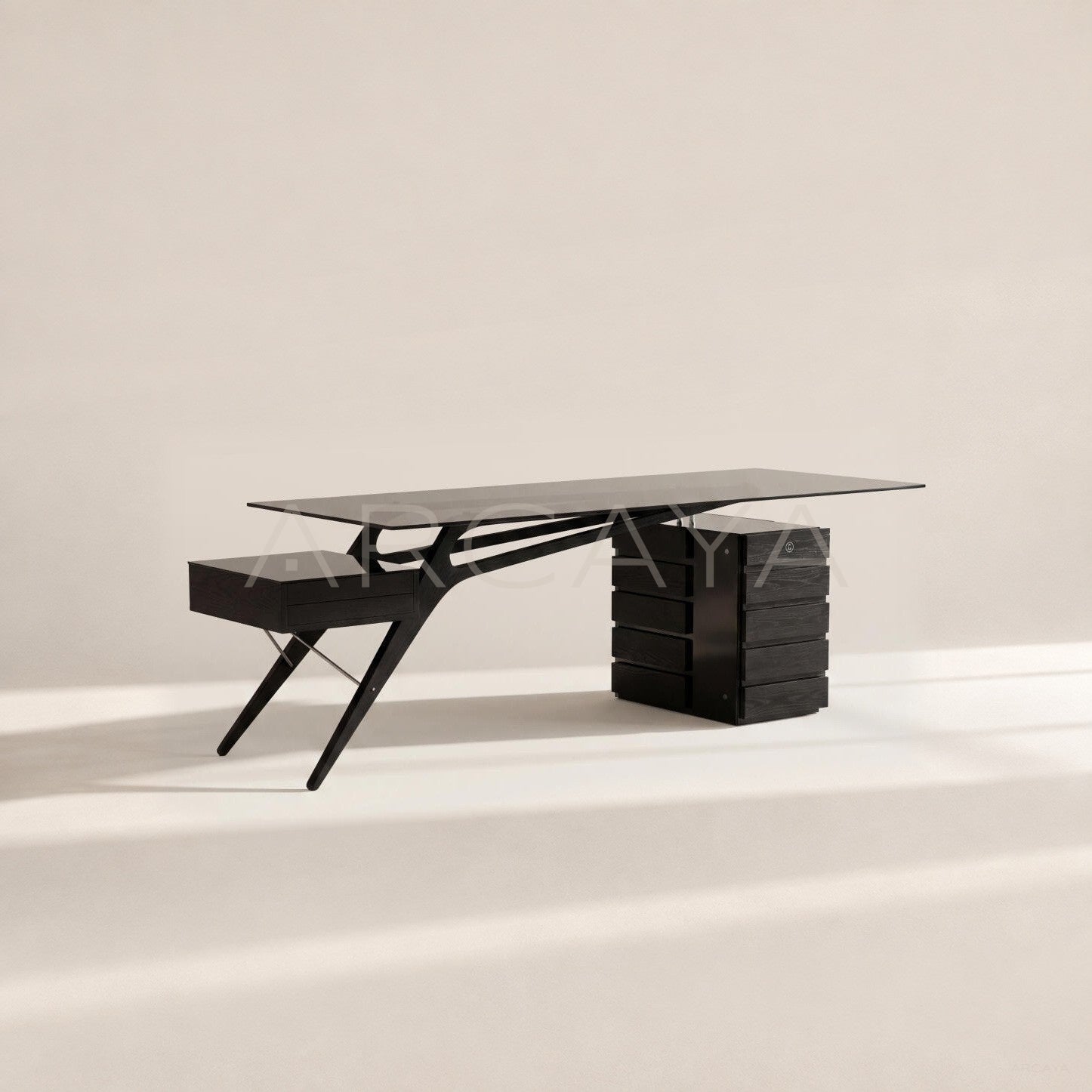 Smoked Wood Wing Frame Glass Multi Drawer Desk - main