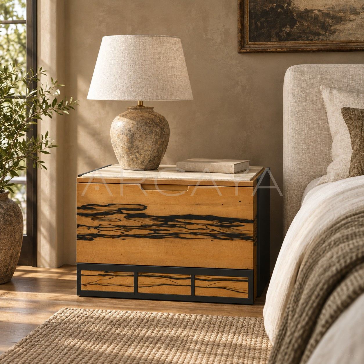 Old Money Black White Ebony Veneer Nightstand - scene