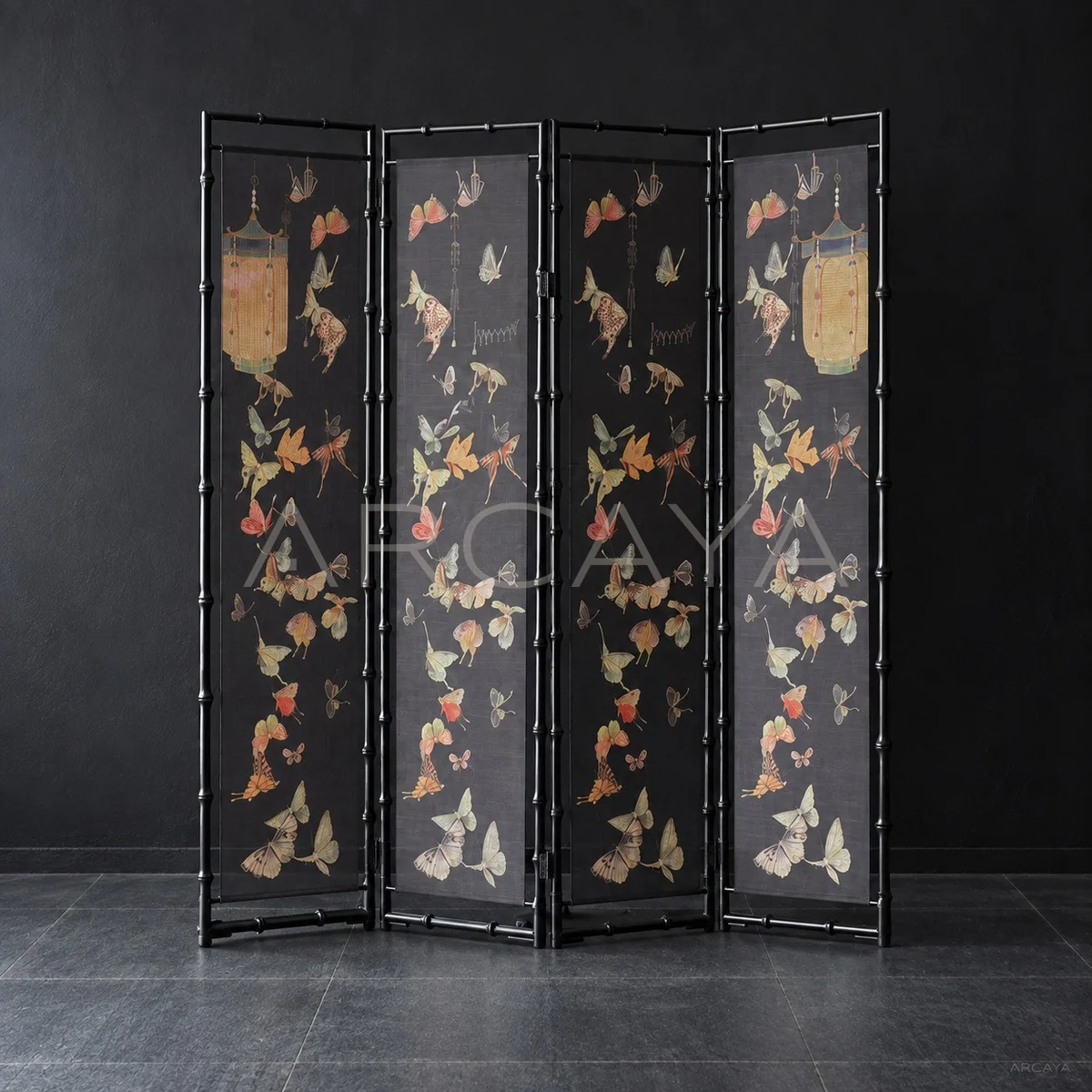 Bamboo Orchid Butterfly Double Sided Four Panel Screen