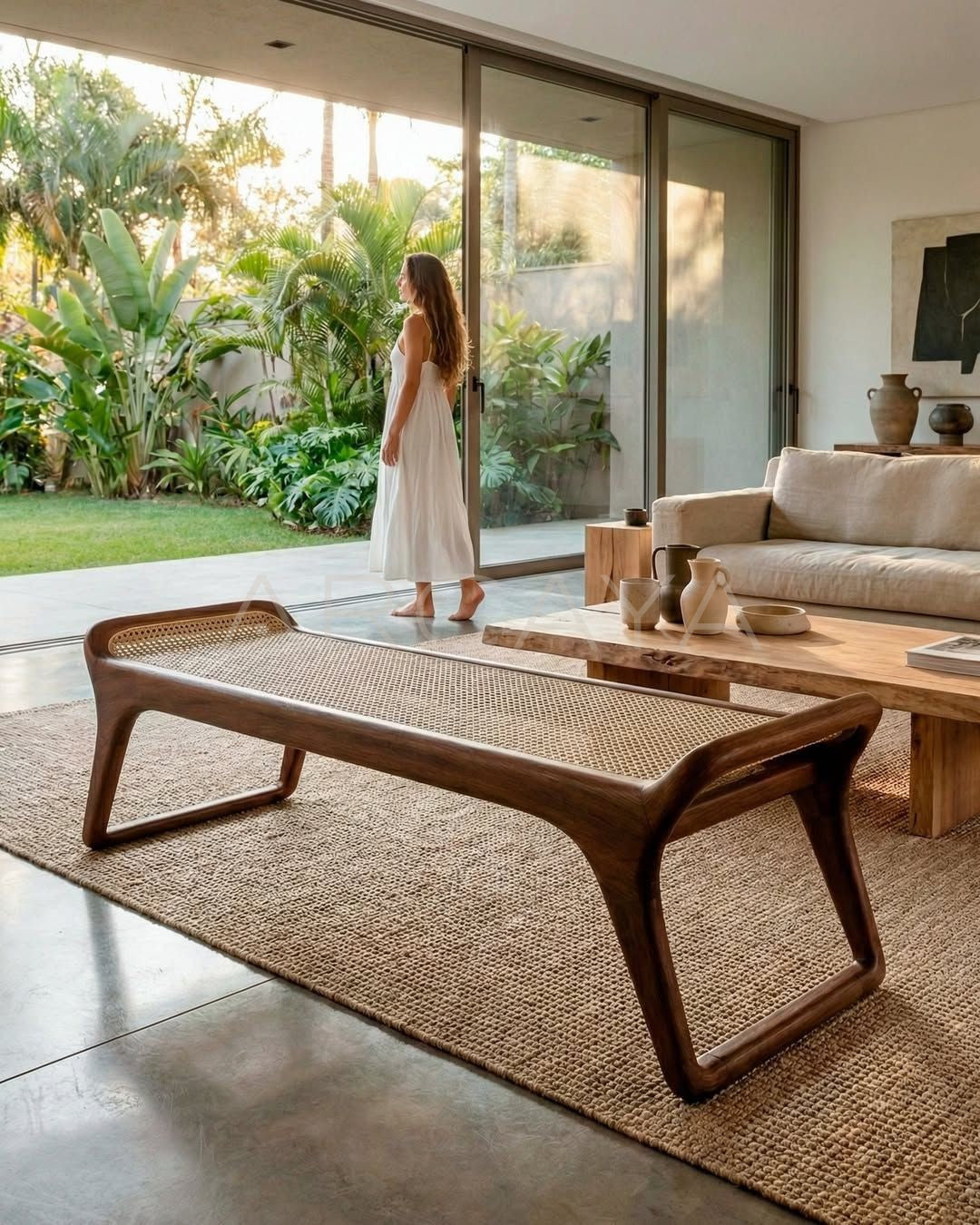 Walnut Rattan Woven Bench - scene