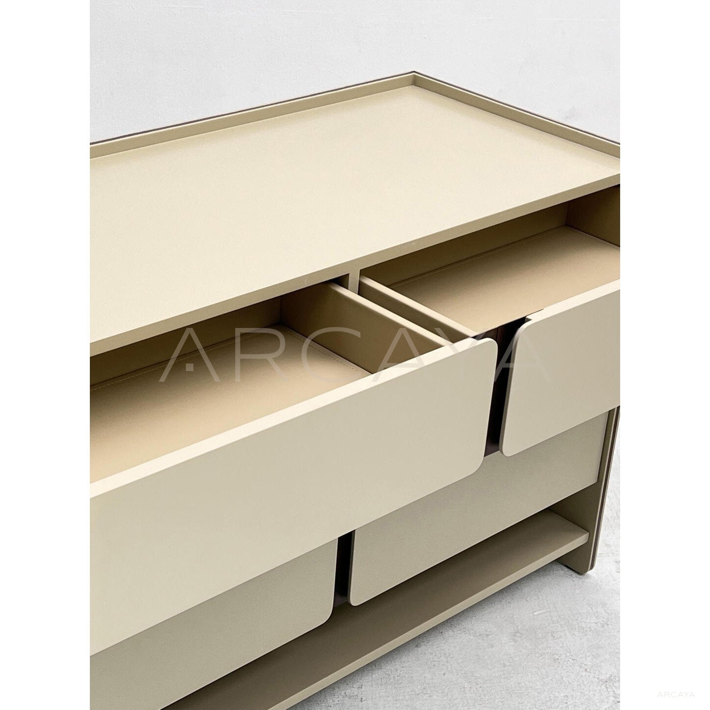 Cream Handleless Six Drawer Open Chest - scene