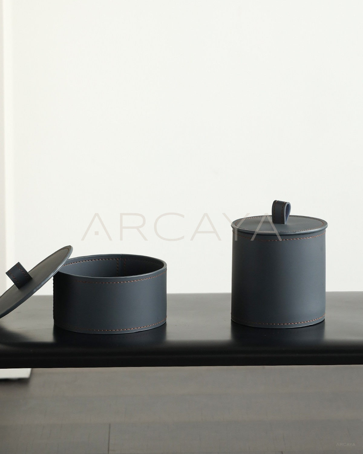 Dark Grey Leather Lidded Storage Jar - scene