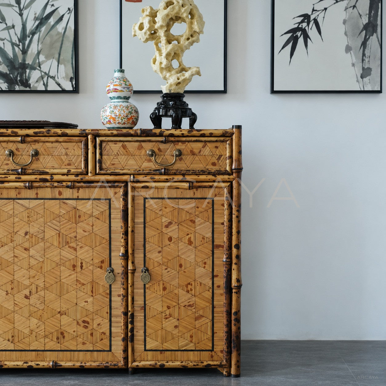 Four Door Cube Pattern Bamboo Sideboard - scene
