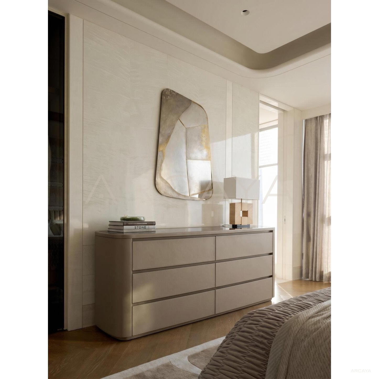 Nappa Leather Curved Milk Coffee Sideboard - scene