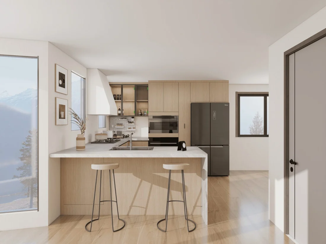 Render of the completed Bay Area kitchen with light oak cabinetry, a stone-topped peninsula and two bar stools